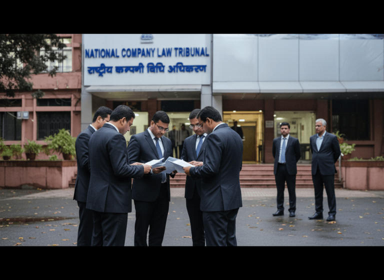 A group of lawyers in suits examining papers outside the National Company Law Tribunal building.