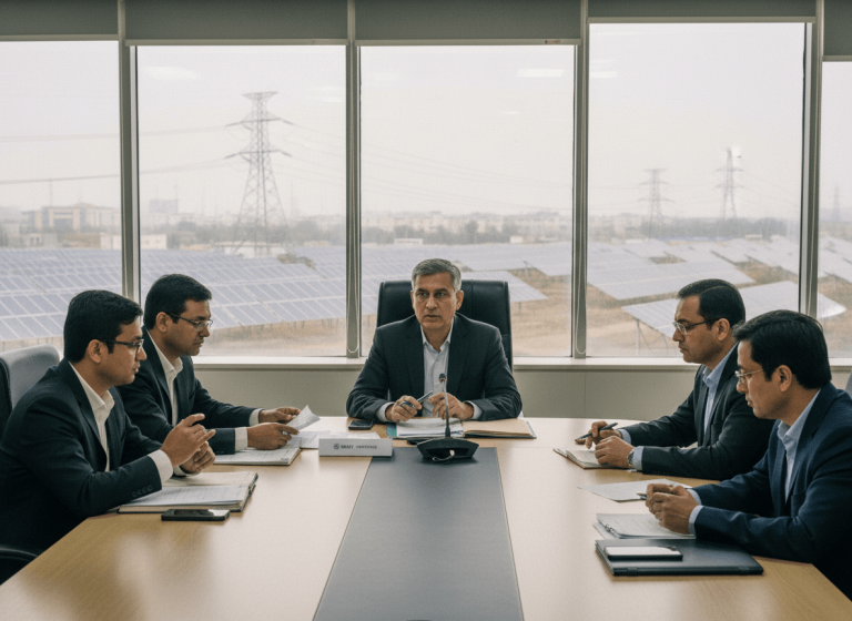Five men in suits seated around a conference table, with a large window overlooking solar panels and power lines.