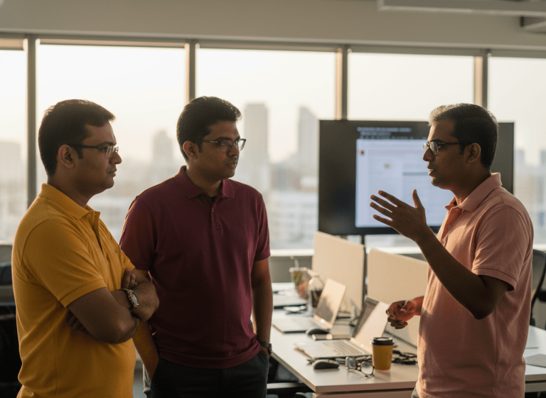 Three men in casual shirts discuss in a modern office with large windows overlooking a city skyline at sunset.