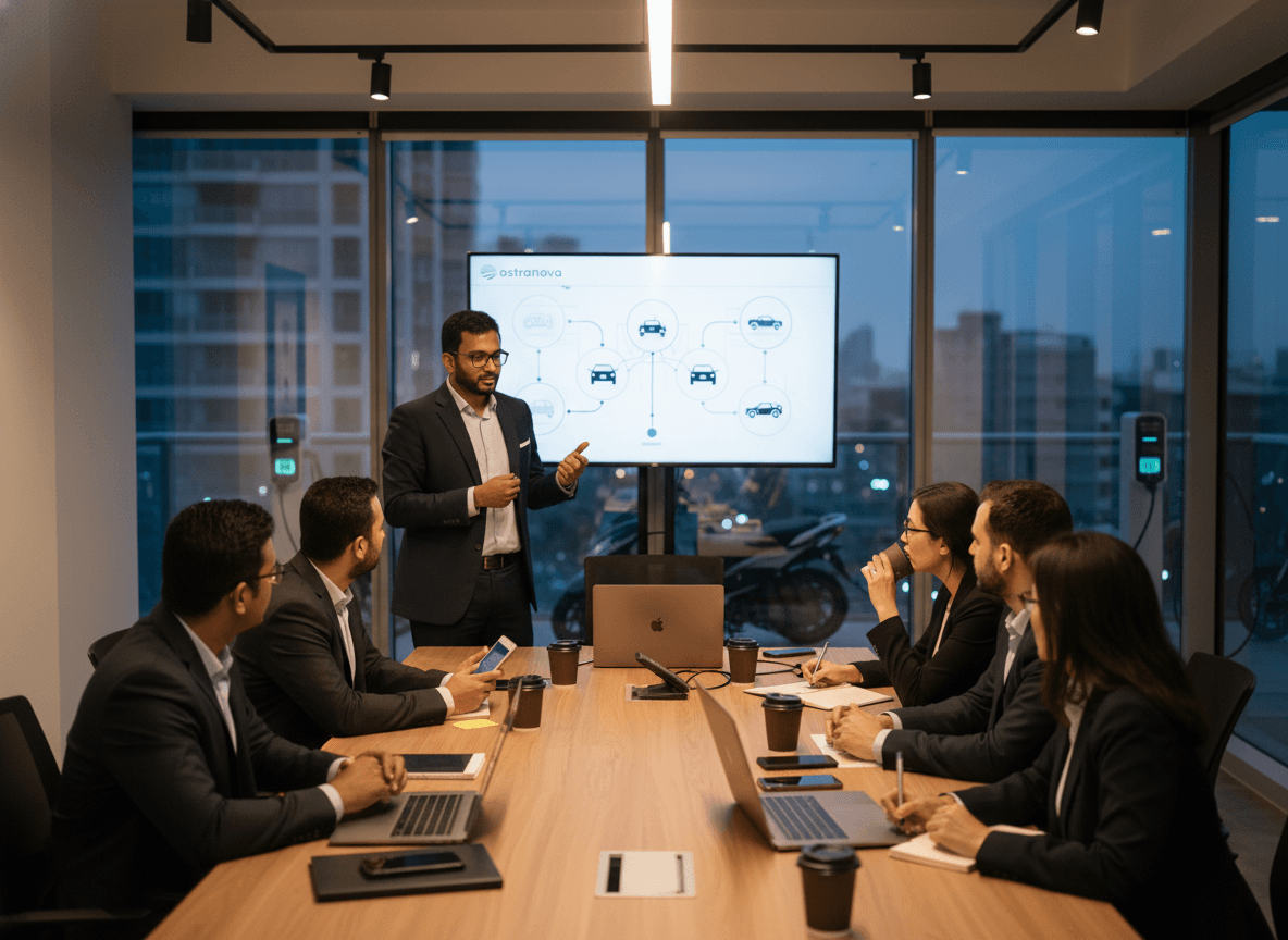 A man in a suit gestures at a screen displaying EV data to a diverse group of professionals seated around a conference table.