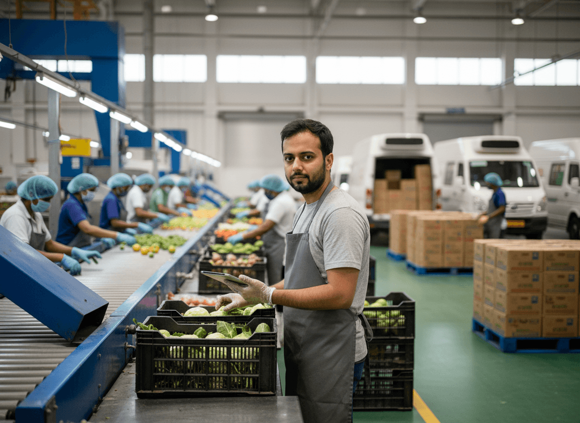 A man in an apron stands in a food processing plant, holding a tablet, with workers sorting produce on a conveyor belt behind him.