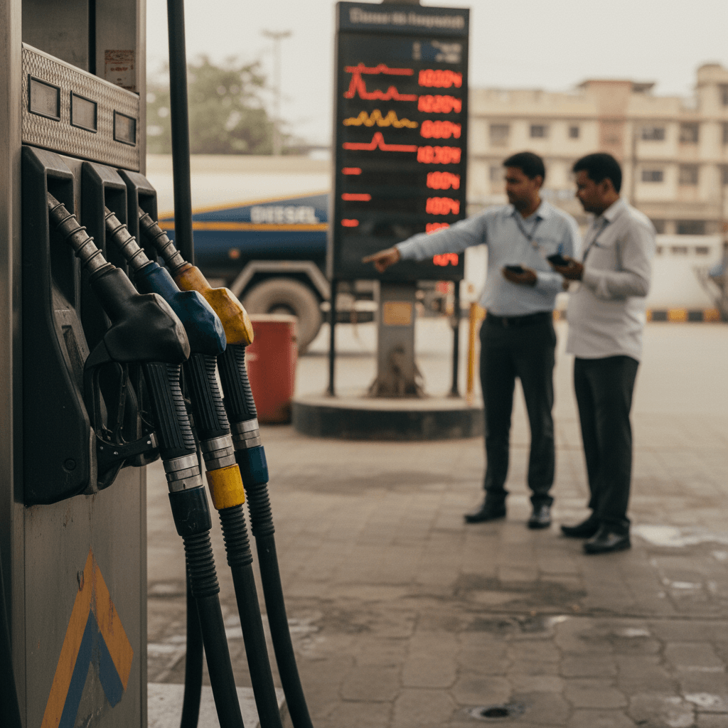 A close-up of fuel nozzles at a gas station in India, with two attendants in the background observing a digital price board.