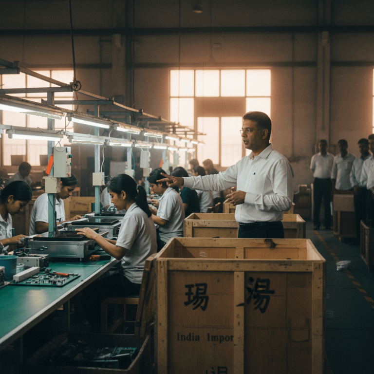 An Indian official in a white shirt points while observing workers assembling electronics on an assembly line.