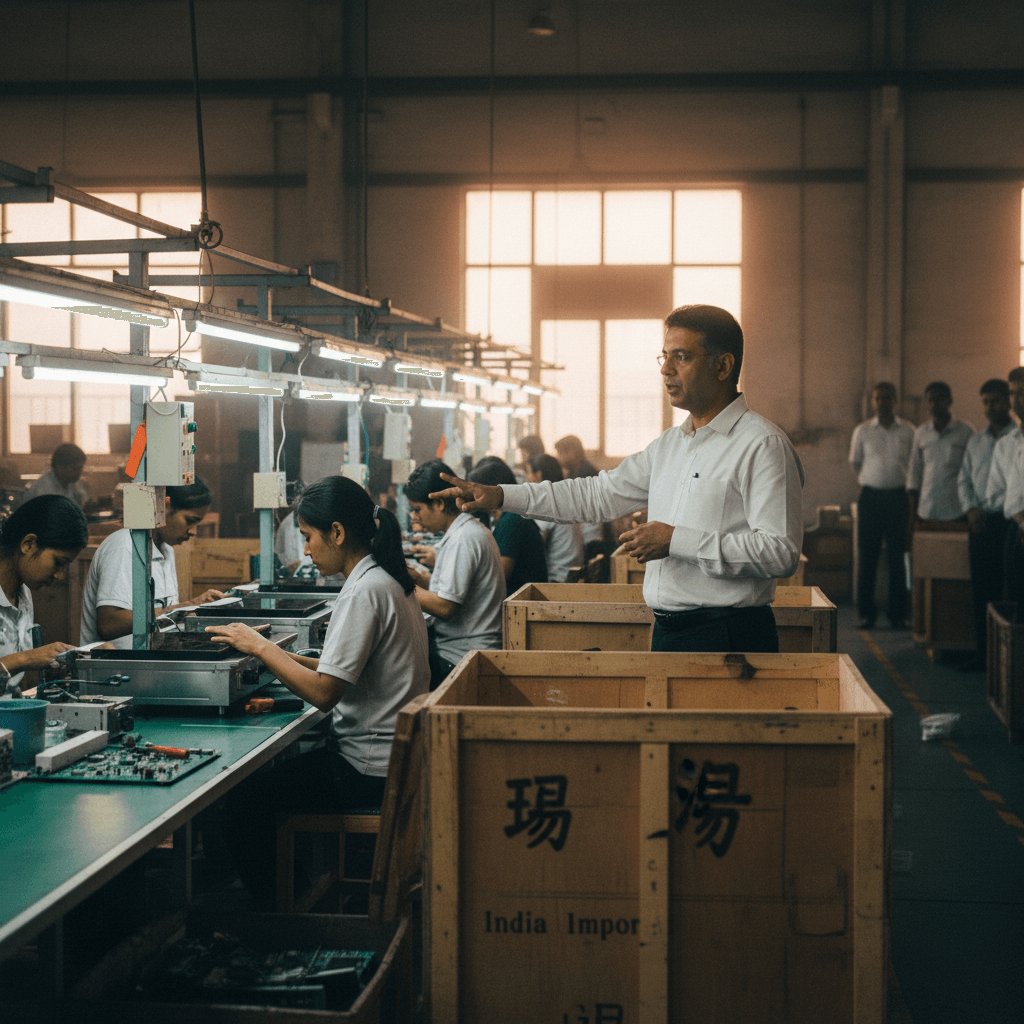An Indian official in a white shirt points while observing workers assembling electronics on an assembly line.