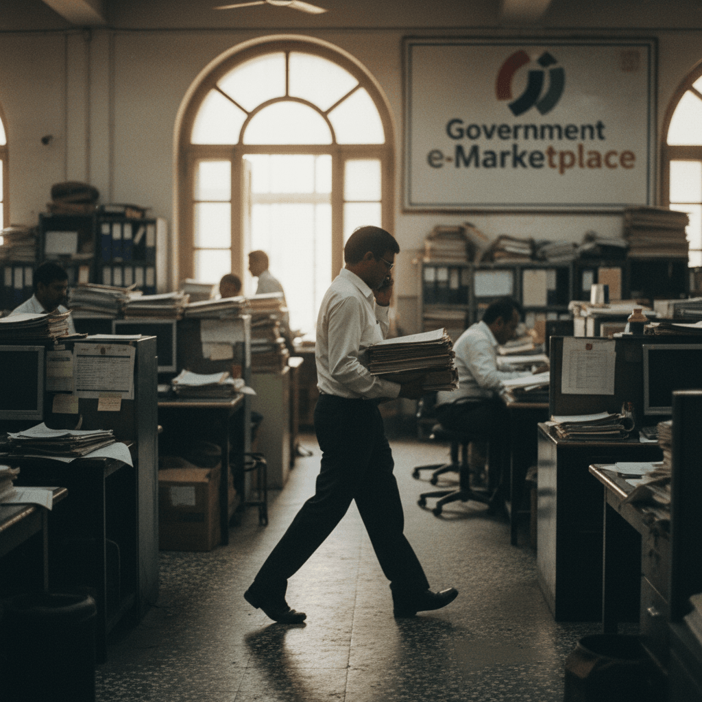 A man in a white shirt and dark pants walks through a crowded office, holding a tall stack of papers. Other officials work at desks.