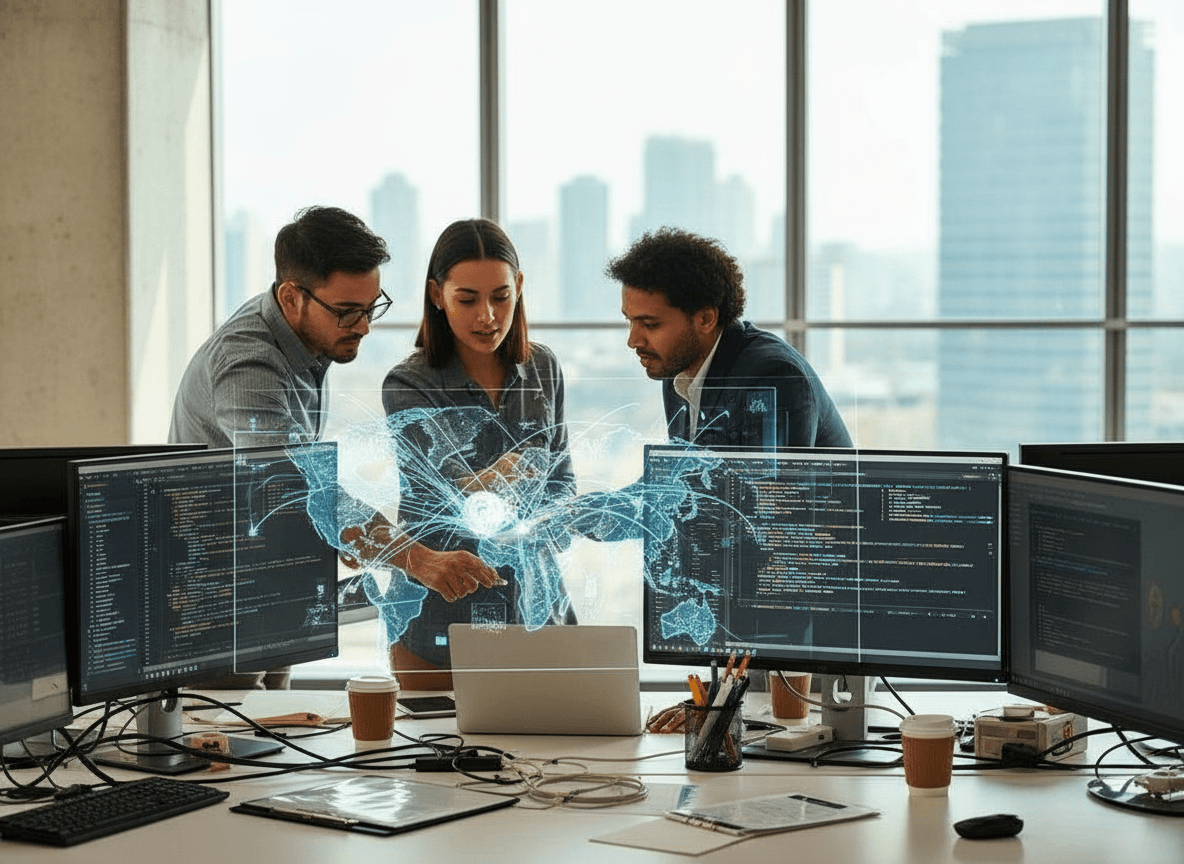 Three software developers collaborate around a laptop and multiple screens displaying code and a world map interface.