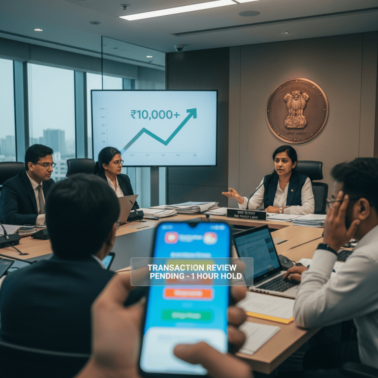 A meeting at the Reserve Bank of India with officials discussing policy, a screen showing a graph, and a person's hand holding a phone displaying a "Transaction Review Pending" notification.