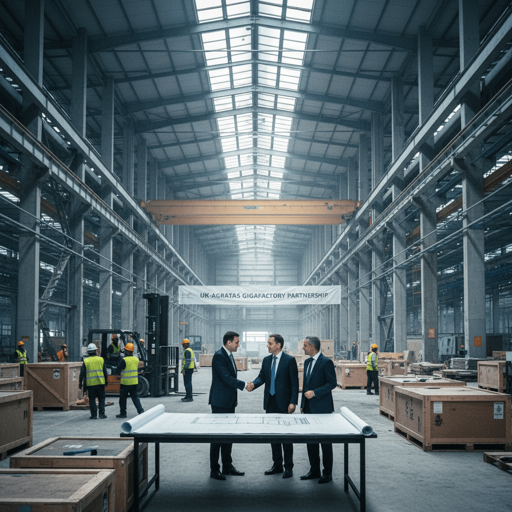 Three men in suits shake hands over blueprints in a vast, industrial warehouse, surrounded by crates and workers.