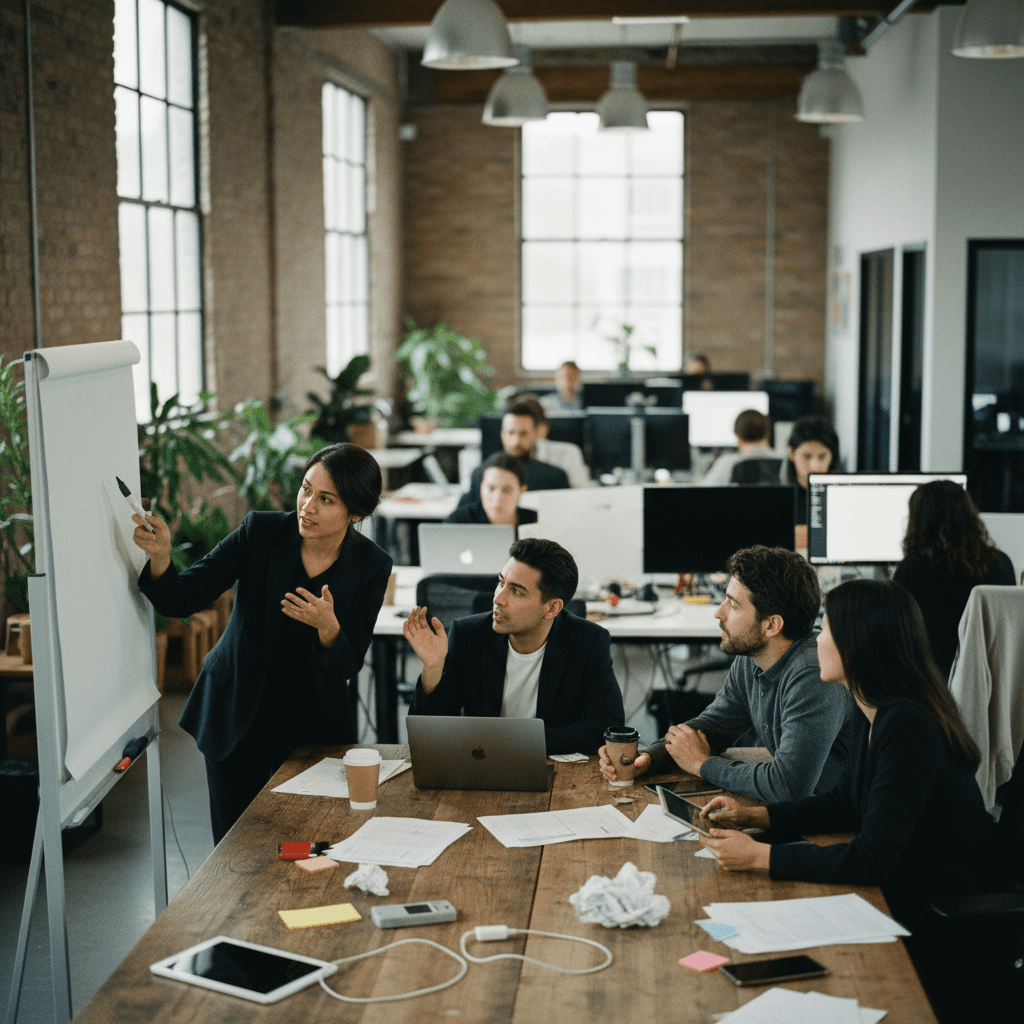 An engaging office scene with a woman presenting at a whiteboard to three attentive colleagues around a large wooden table.