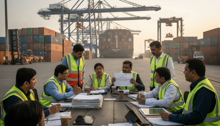 A group of Indian port and government officials in safety vests meeting at a table with documents, a cargo ship and cranes in the background.