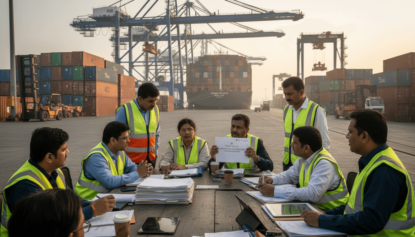 A group of Indian port and government officials in safety vests meeting at a table with documents, a cargo ship and cranes in the background.