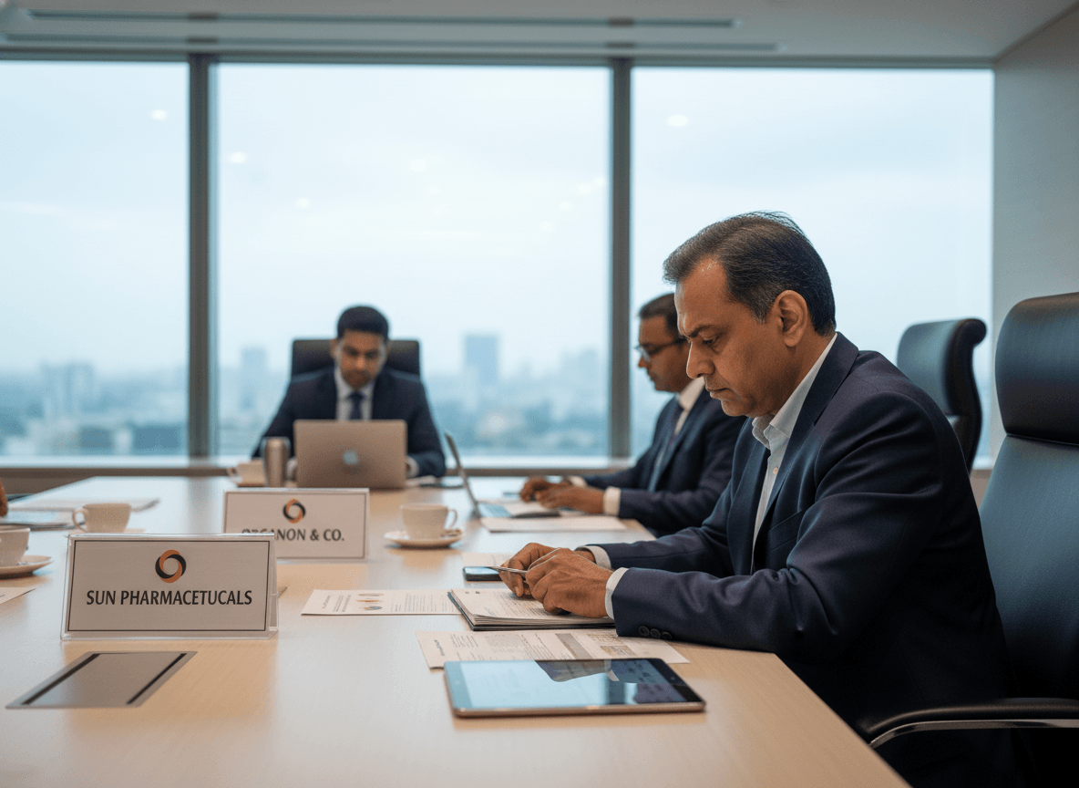Three male executives in suits sit around a large conference table, looking at documents. City skyline visible outside.