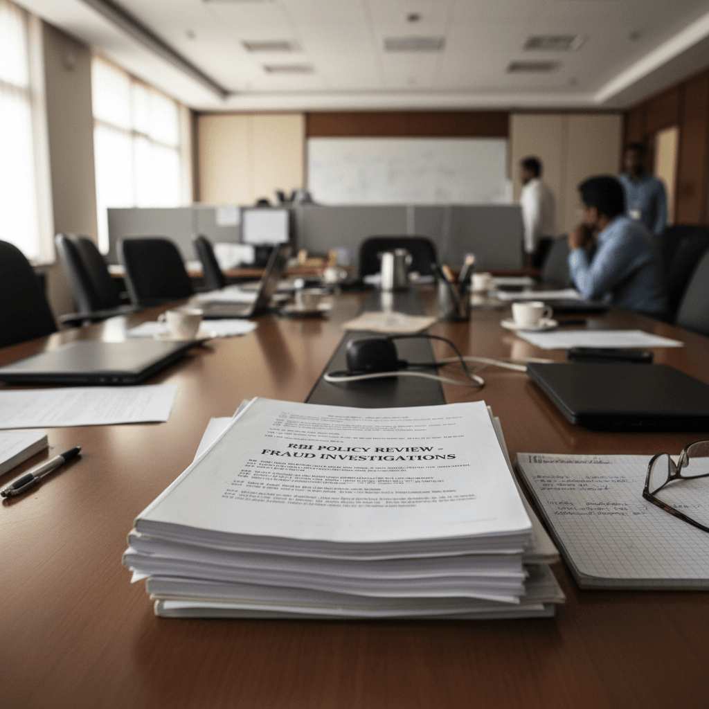 A stack of papers titled "RBI Policy Review - Fraud Investigations" on a large wooden conference table.