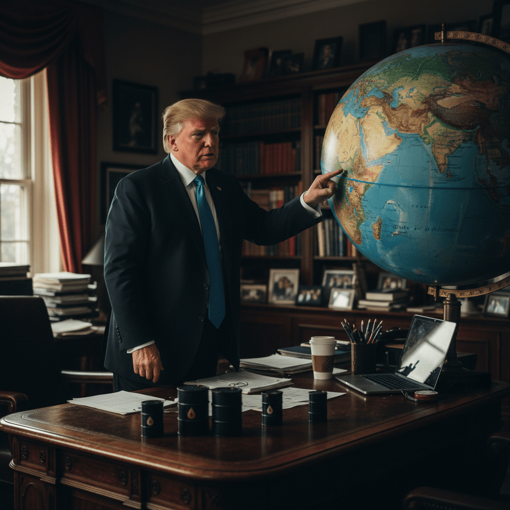 Donald Trump, in a suit, points to the Strait of Hormuz on a large globe, with miniature oil barrels on his desk.