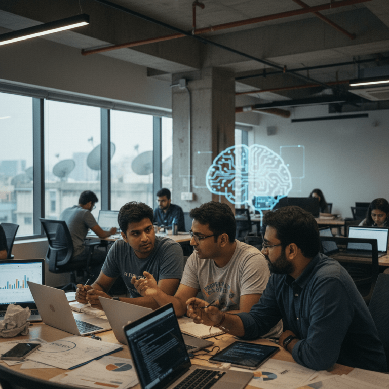 Three Indian professionals in a modern office collaborate around laptops and papers, with a subtle AI brain graphic overlay.