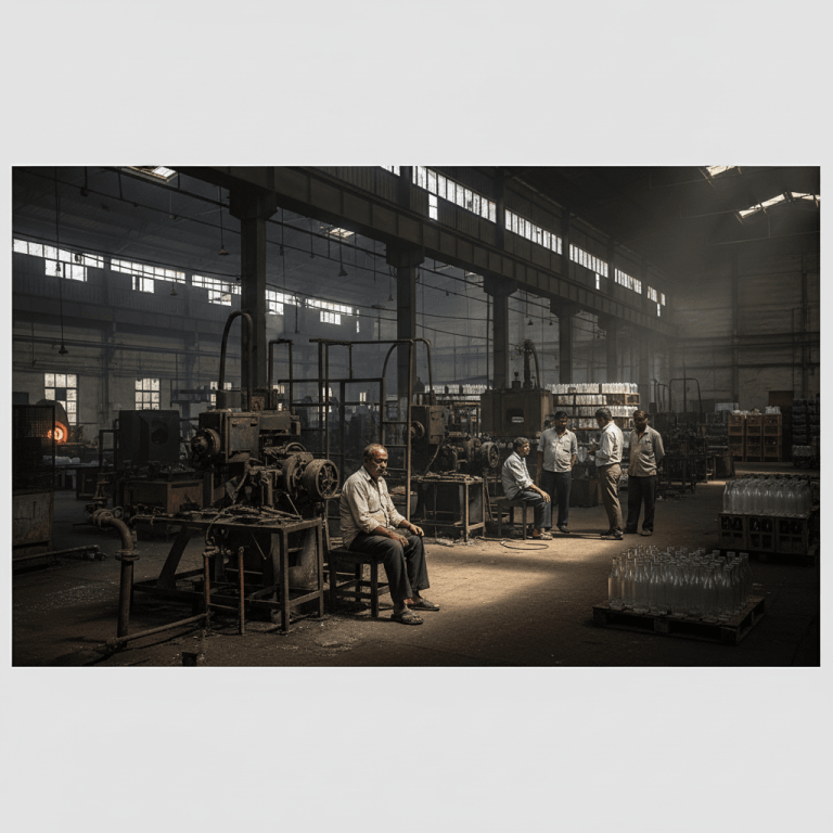 Wide shot of an Indian glass factory with workers sitting idle and stacks of glass bottles, highlighting production slowdown.