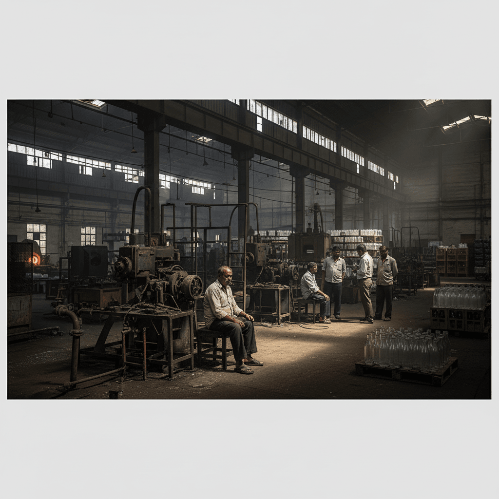 Wide shot of an Indian glass factory with workers sitting idle and stacks of glass bottles, highlighting production slowdown.