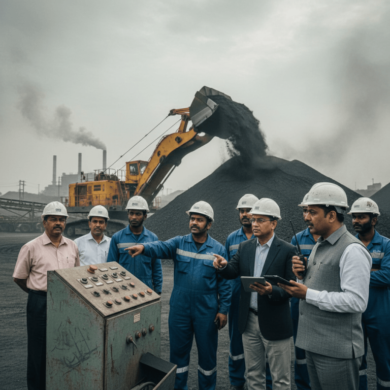 A group of Coal India officials and workers in hard hats at a coal mine, with machinery in the background.