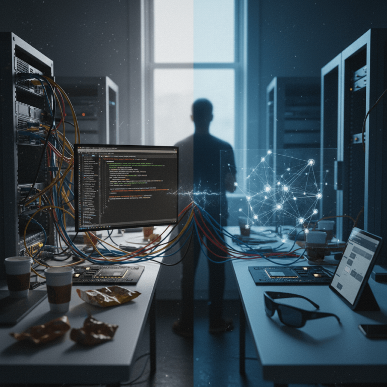 A person stands in a dimly lit server room, surrounded by computer monitors displaying code and network equipment.