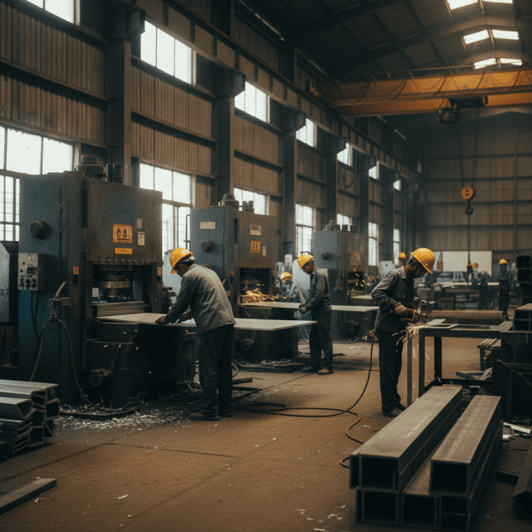 Wide shot of a busy industrial workshop with workers in hard hats operating machinery and welding metal.