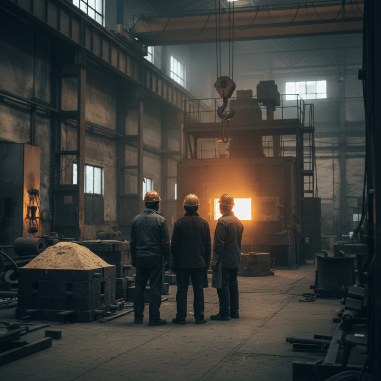 Three industrial workers in hard hats stand with their backs to the camera, looking at a bright, glowing furnace in a dimly lit factory.