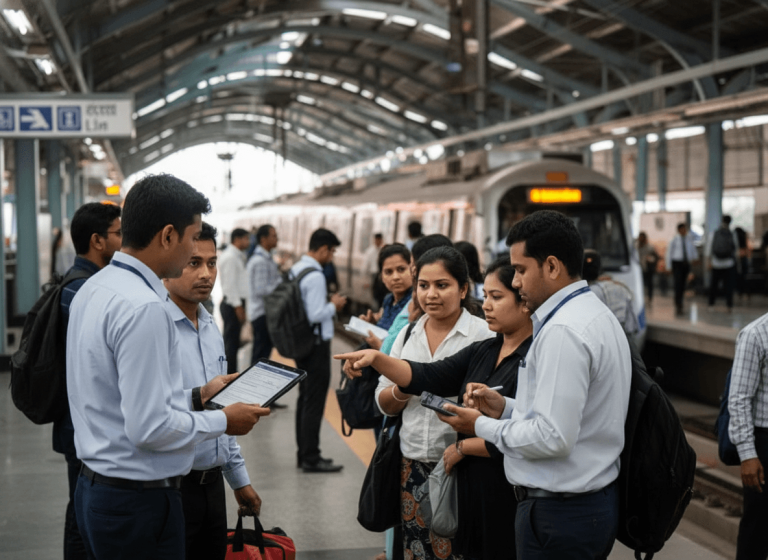 Metro staff, holding tablets, interviewing passengers on a bustling Delhi metro platform with a train arriving in the background.