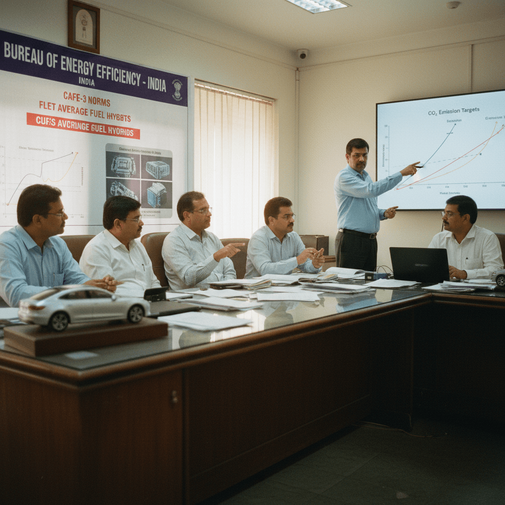 Indian government officials in a meeting room, one pointing at a screen showing CO2 emission targets, with a car model on the table.