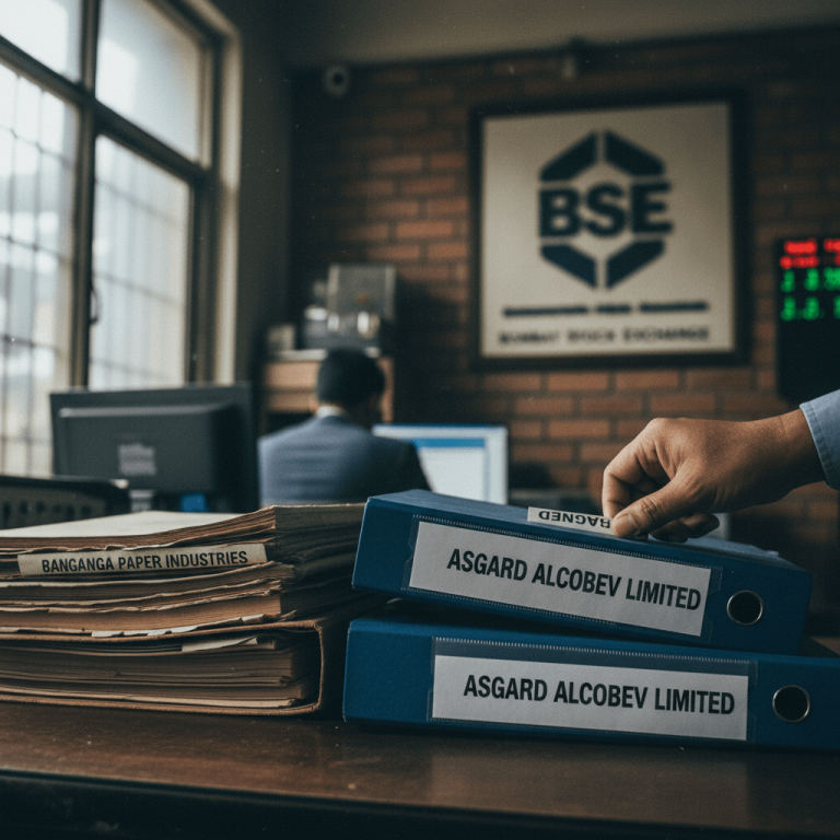 A hand labels a blue file with "Asgard Alcobev Limited" in an office with a BSE sign in the background.