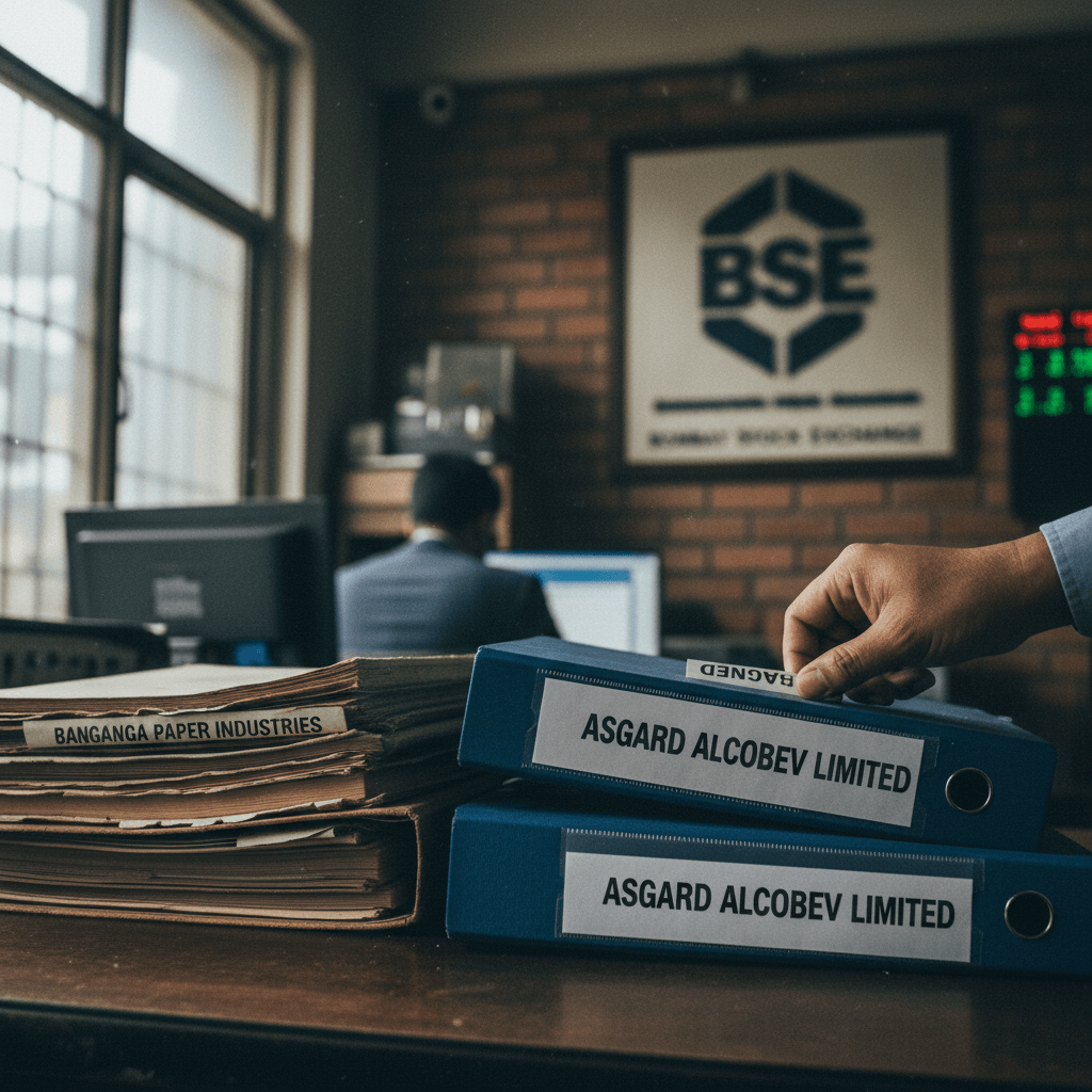 A hand labels a blue file with "Asgard Alcobev Limited" in an office with a BSE sign in the background.