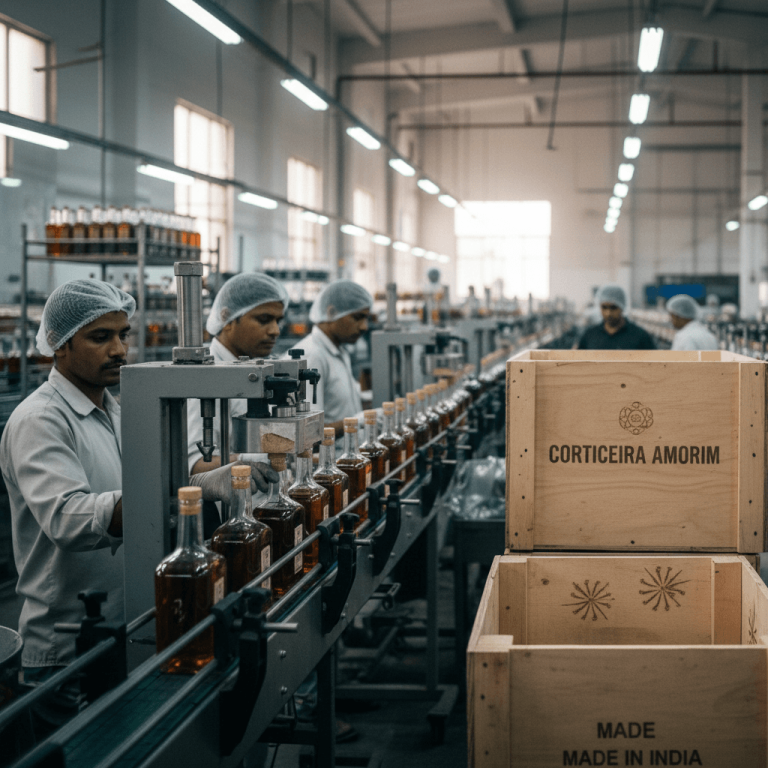 Workers in hairnets oversee bottles being corked on a conveyor belt in a brightly lit factory, with wooden crates nearby.