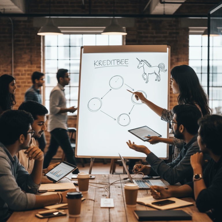 A diverse startup team in India, focused on a whiteboard with "KreditBee" and a unicorn sketch, symbolizing success.