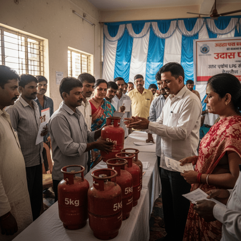 A man in a white shirt gestures towards small red LPG cylinders on a table, as people gather around.