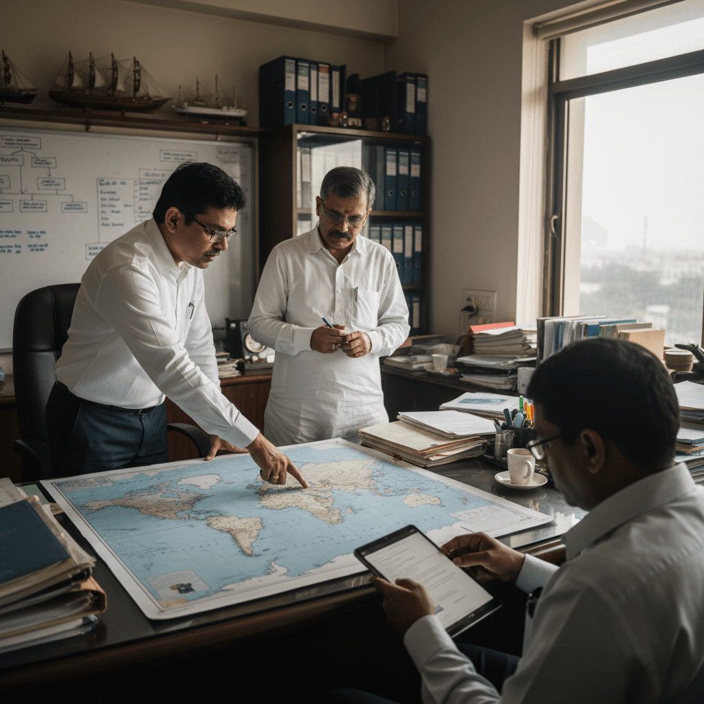 Three Indian officials in a cluttered office, two pointing at a world map spread on a desk, one looking at a tablet.