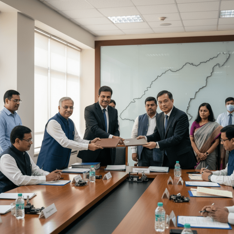 Officials from India and Taiwan in a conference room, shaking hands and exchanging documents after signing a deal.