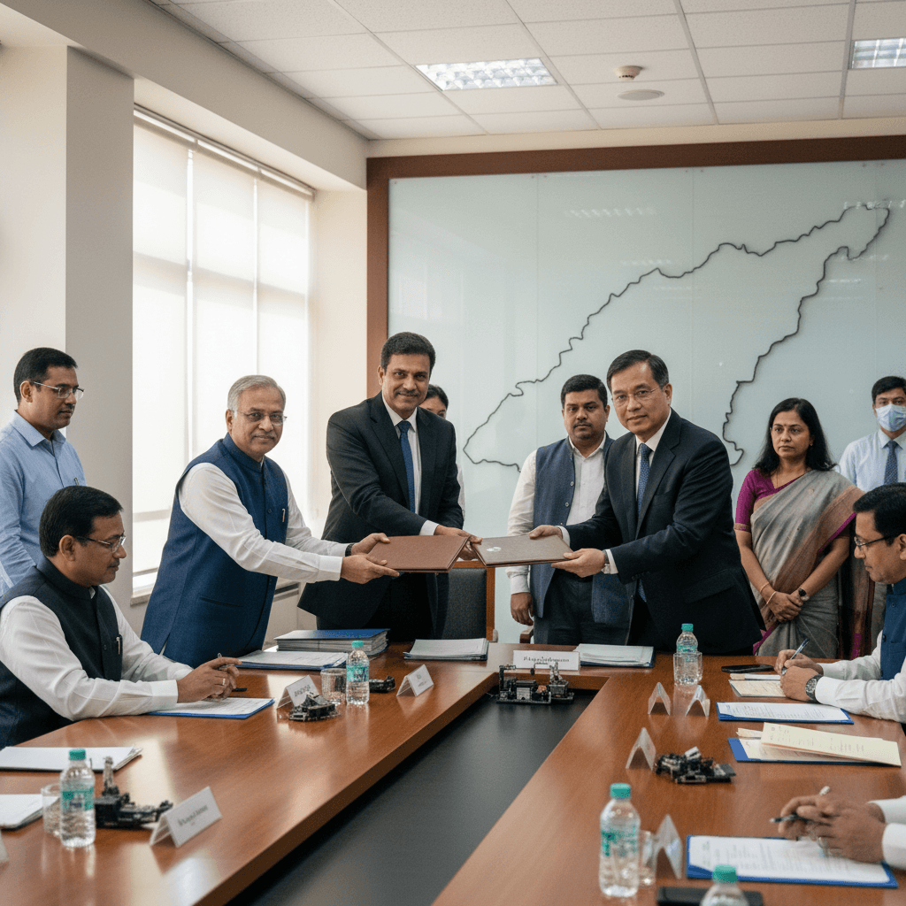 Officials from India and Taiwan in a conference room, shaking hands and exchanging documents after signing a deal.