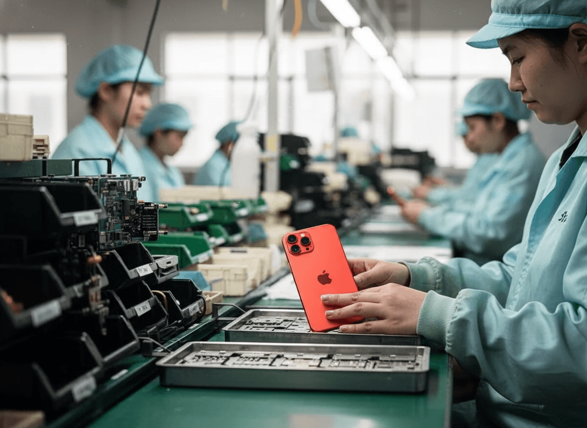 A worker in a blue uniform and cap carefully inspects a red Apple smartphone on an assembly line in a Chinese factory.