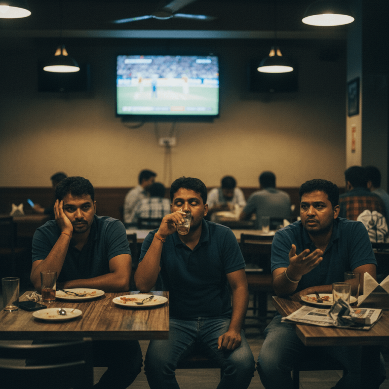 Three men with serious expressions watch a cricket match on a TV in a dimly lit Indian restaurant, plates of food in front of them.