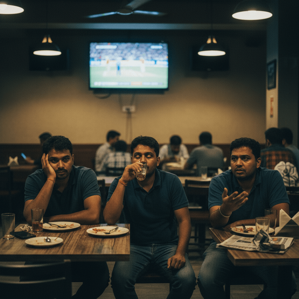Three men with serious expressions watch a cricket match on a TV in a dimly lit Indian restaurant, plates of food in front of them.