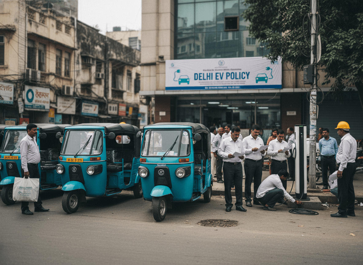 A street scene in Delhi shows new electric auto-rickshaws, a charging station, and men in traditional attire.