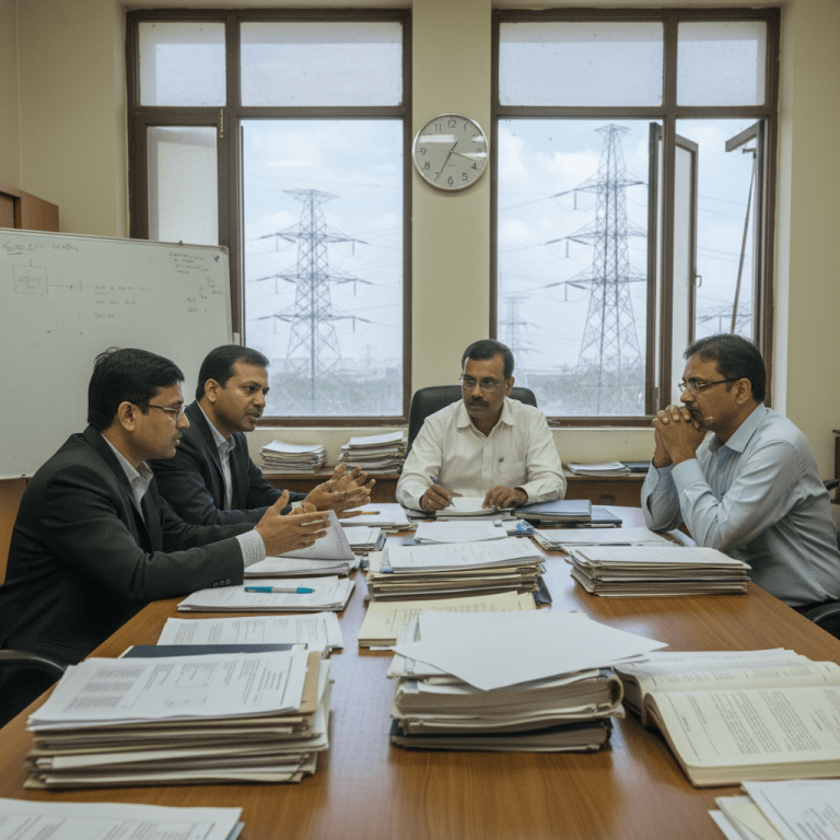 Four men in a meeting room, one gesturing, with paperwork on the table. Power lines are visible outside the window.