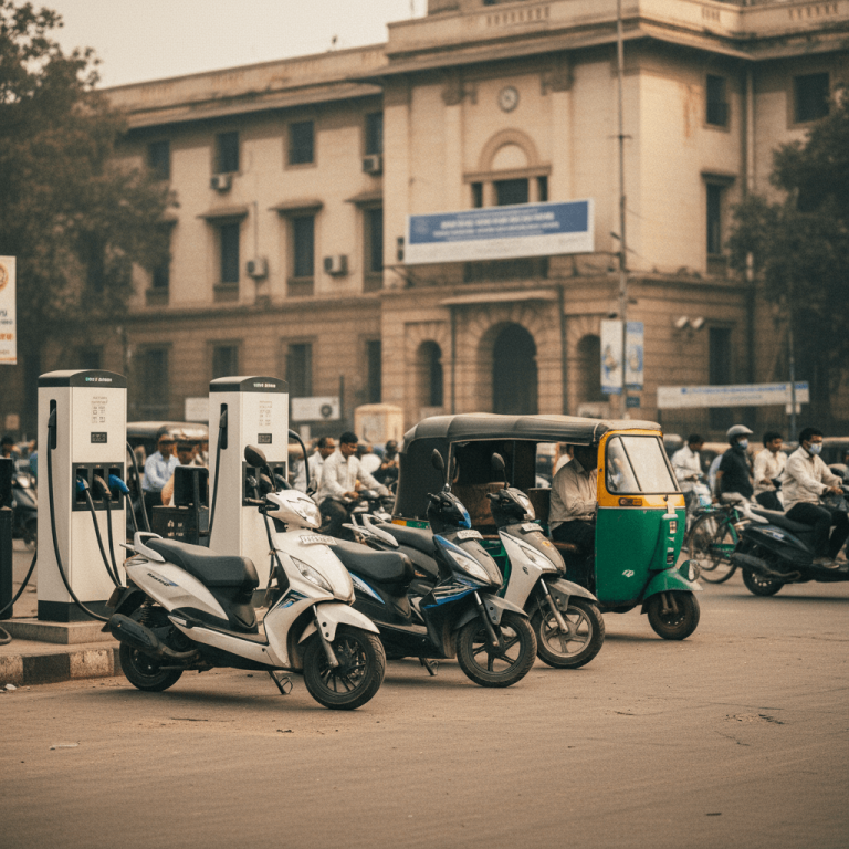 A street scene in Delhi with electric scooters and an auto-rickshaw at public charging stations, a government building in the background.