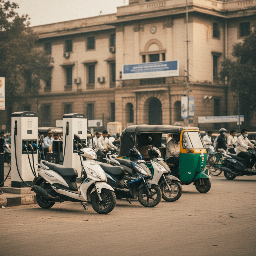 A street scene in Delhi with electric scooters and an auto-rickshaw at public charging stations, a government building in the background.