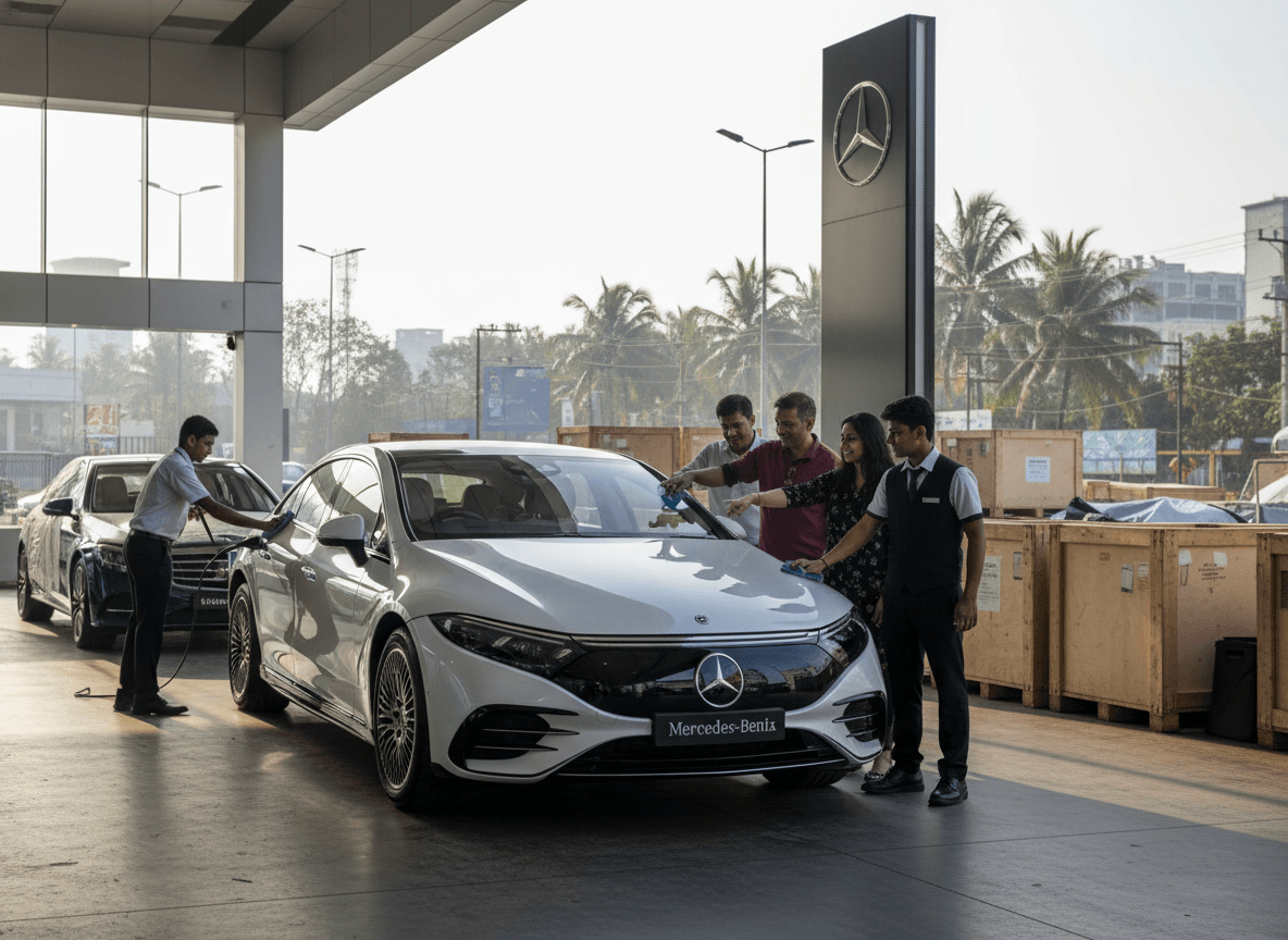 A busy Mercedes-Benz dealership in India, with customers interacting with staff around a new electric car.