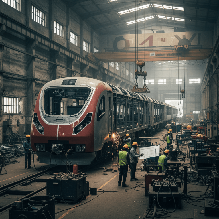 A wide shot inside a large, dimly lit factory shows workers in hard hats and vests assembling a Vande Bharat train.