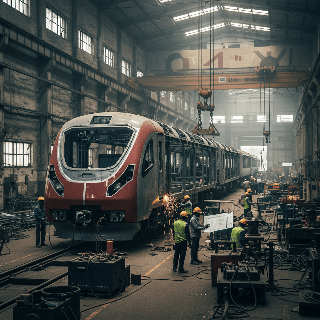 A wide shot inside a large, dimly lit factory shows workers in hard hats and vests assembling a Vande Bharat train.