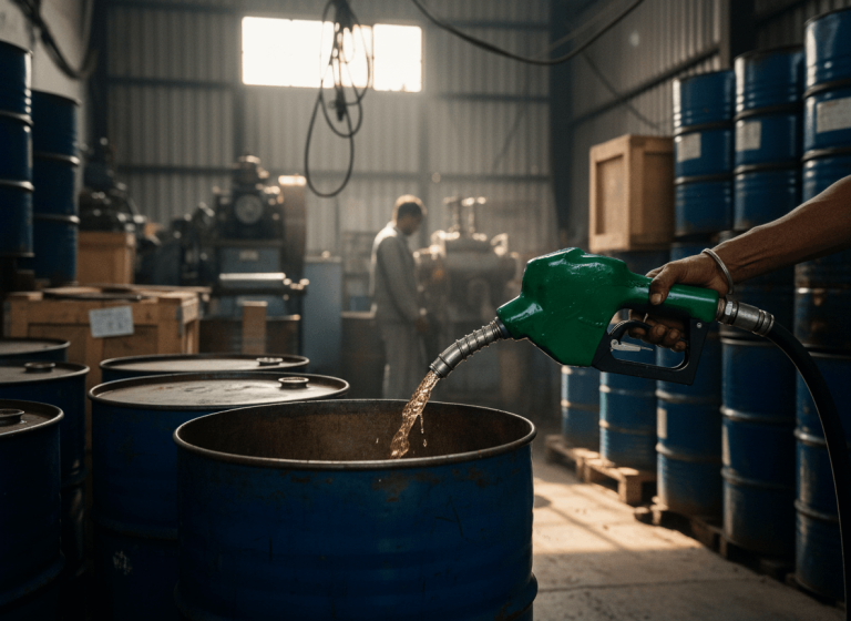 A hand holds a green fuel nozzle, dispensing liquid into a blue barrel in a rustic Indian industrial setting.
