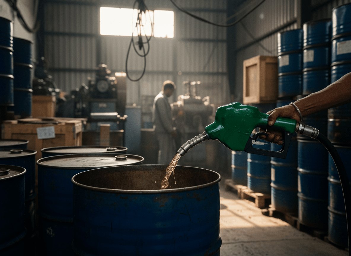 A hand holds a green fuel nozzle, dispensing liquid into a blue barrel in a rustic Indian industrial setting.