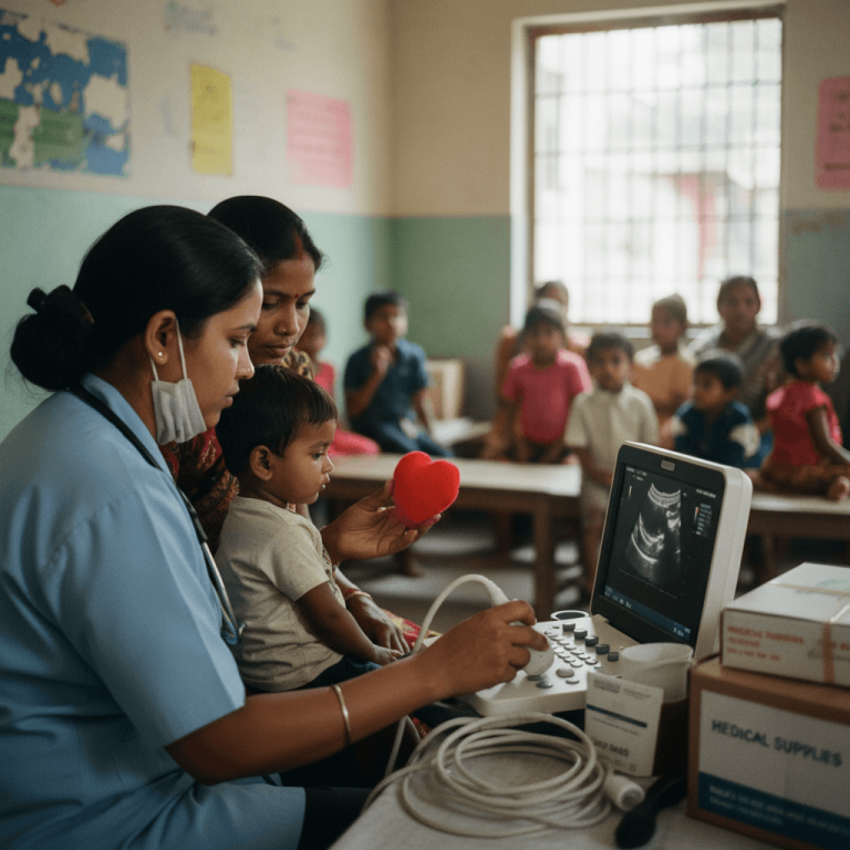A doctor in India screens a child using a medical device, with the child's mother and other children nearby.