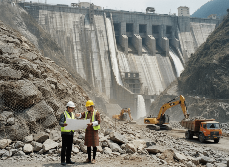 Two engineers, one in a hard hat and gho, review blueprints at a large hydropower dam construction site.