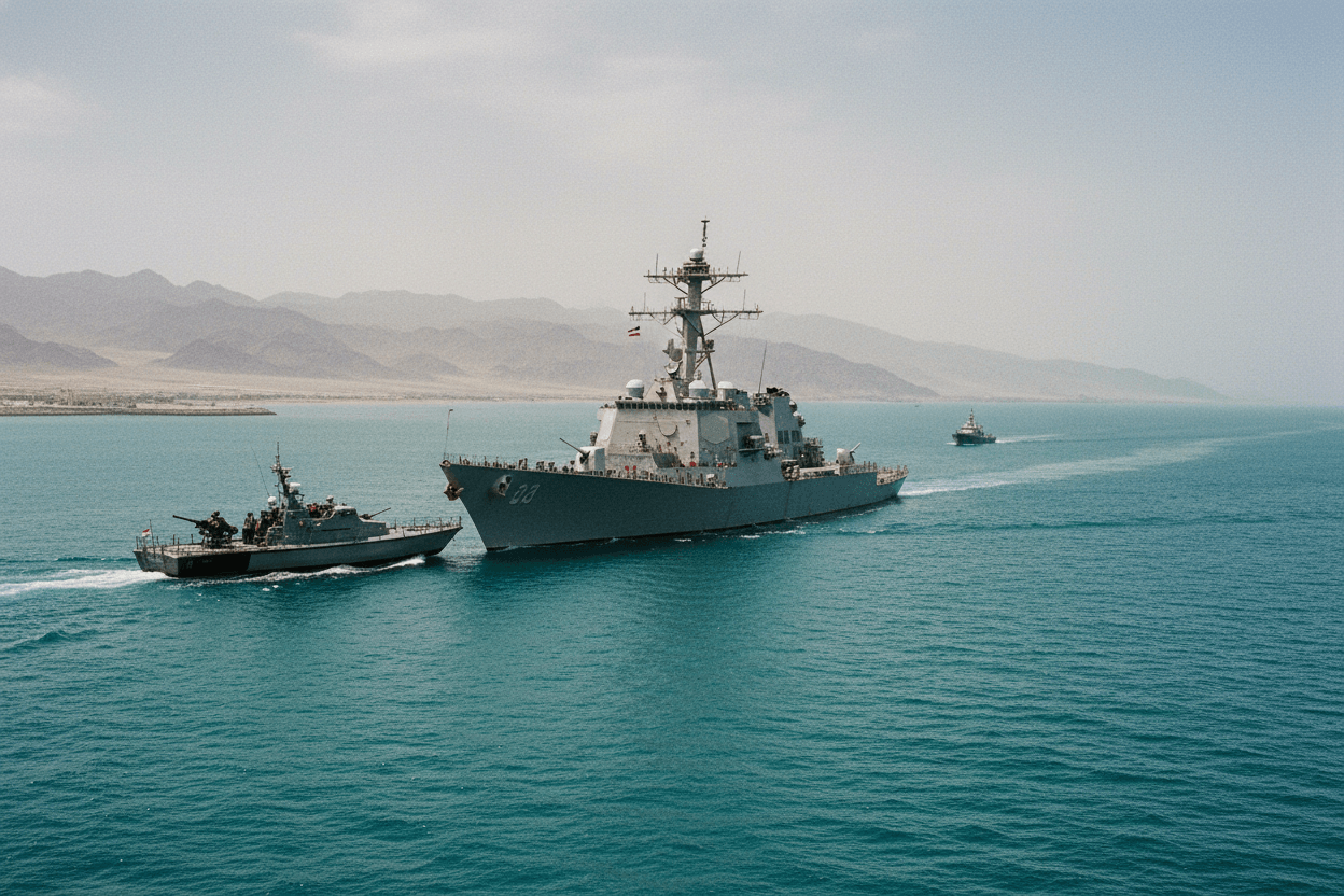 An Iranian patrol boat with armed personnel onboard sails alongside a US Navy destroyer in a clear blue strait under a hazy sky.
